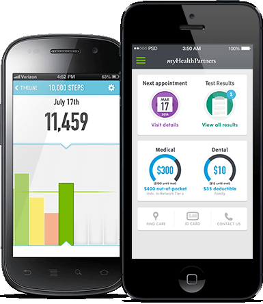 Three mobile phones showing screen shots of HealthPartners mobile website