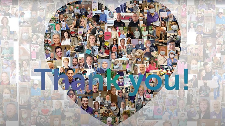 A collage of pictures of donors with a heart overlayed and the words “Thank you!”