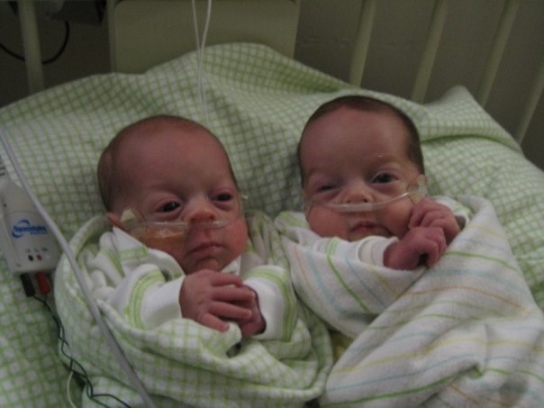 The twins meet for the first time at 7 weeks old.
